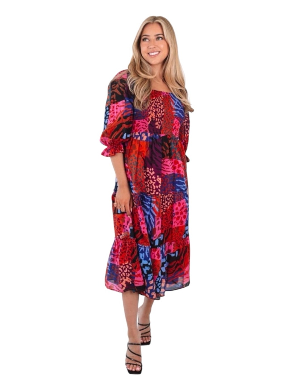 J. Marie The Jade Patchwork Midi Dress Flowing Tiered Smocked